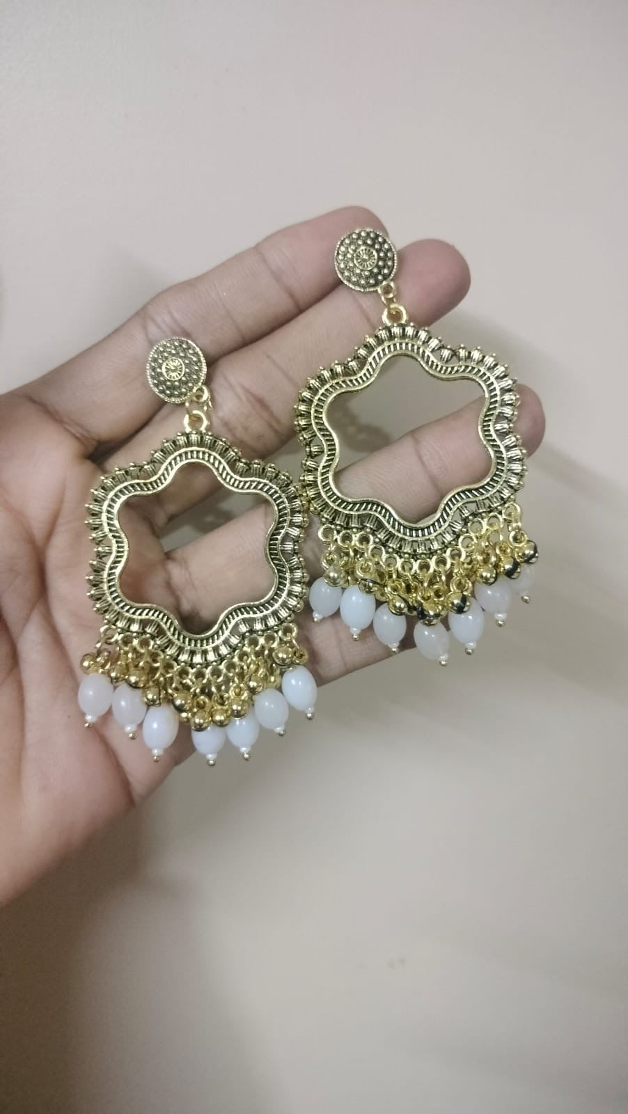 Flower shape resin jhumka base with white beads golden