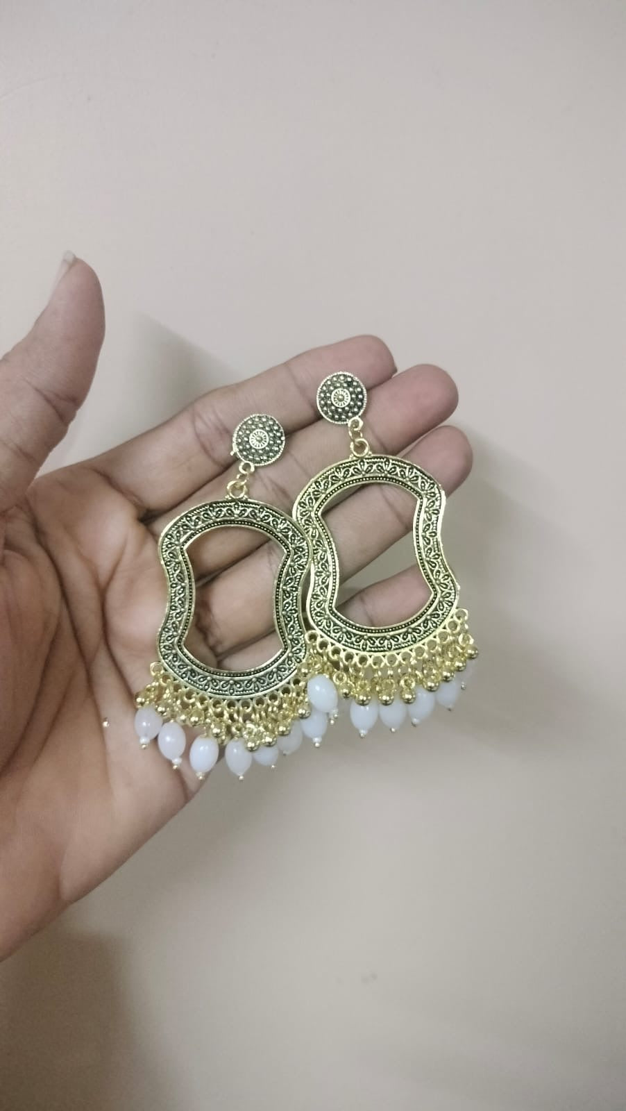 resin jhumka base with white beads golden